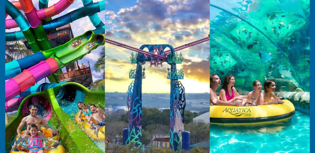Collage of three water park scenes: left shows colorful enclosed water slides with people; center shows a panoramic view of a roller coaster; right captures four individuals on a raft in an underwater tube with fish visible through transparent walls.