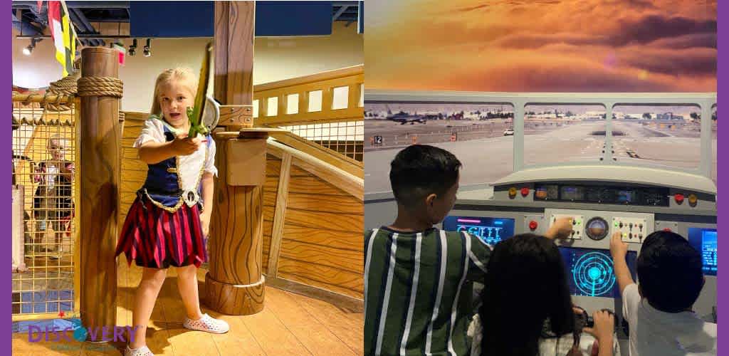 The image is split into two scenes. On the left, a young child in a pirate costume stands aboard a wooden ship structure, playfully wielding a sword. The right scene shows two children from behind, engaging with a flight simulator, as they appear to command a virtual airplane towards a runway under a sunset sky. The word DISCOVERY is partially visible, suggesting an educational setting.