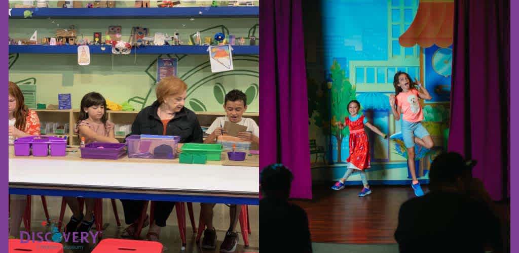 Image showing two contrasting scenes through different window views. On the left, a group of children is engaged in arts and crafts with an adult overseeing the activity at a table filled with purple containers. On the right, a colorful theatre stage where a child wearing a red dress and another in a casual outfit are dancing and striking a pose, with an audience silhouette in the foreground. The backdrop is a cartoon-styled cityscape. Bright lighting illuminates both areas. The logo  DISCOVERY  is visible on