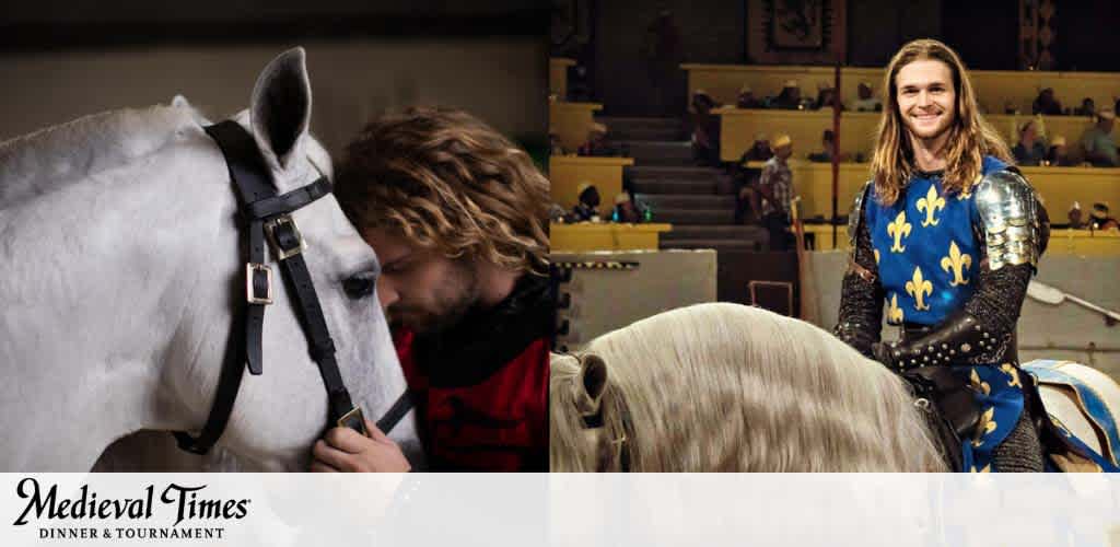 Image showing two scenes. On the left, a person in red medieval attire intimately interacts with a white horse. On the right, a smiling person in a knight's costume of blue with golden fleur-de-lis stands confidently beside the same horse in an arena full of spectators. The Medieval Times logo is displayed between the scenes.