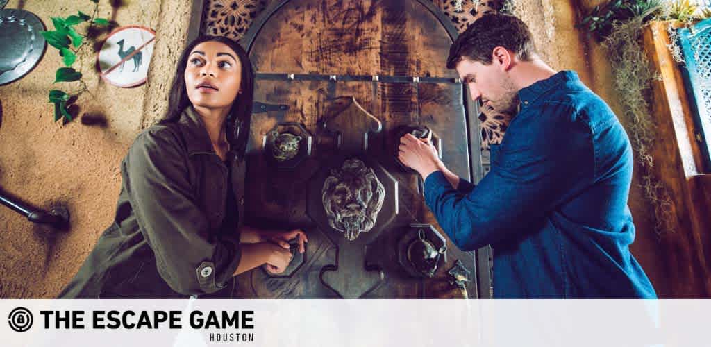 Image shows two people engaged in solving a puzzle at The Escape Game Houston. A woman to the left looks intently at a clue, while a man on the right examines a piece of the puzzle. They are surrounded by thematic decorations, suggesting an immersive, adventure game experience.