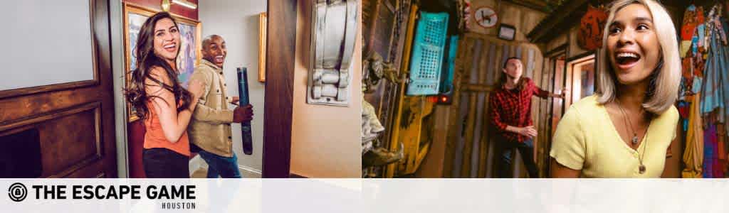 Image displaying a collage of three photos advertising The Escape Game Houston. From left to right: two individuals with joyful expressions glance back in a hallway, suggesting excitement; next, a themed room resembling a submarine's interior with a person standing by the control panel; and a third photo showing a woman laughing in delight, possibly solving a puzzle. The branding is visible at the bottom.