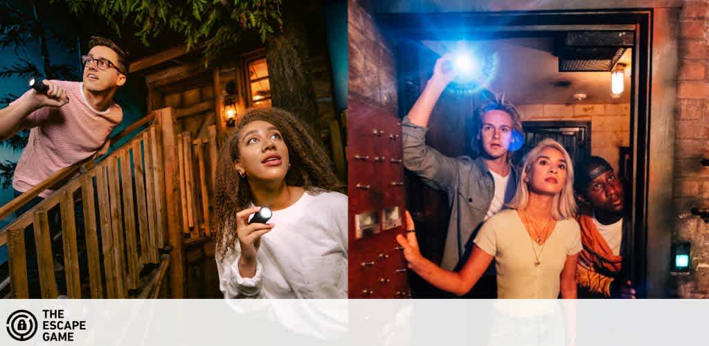 Image showing two scenes of people engaged in an escape game. On the left, a man and a woman explore outdoor clues, with the man pointing a flashlight upwards. On the right, a different group indoors looks intently at something off-camera, with a man holding a flashlight over the shoulder of a woman, with another man peering over her opposite shoulder. The logo 'THE ESCAPE GAME' is visible.