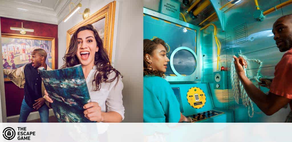 Two images side by side. On the left, a woman with long hair holds a painting, excitedly looking at the camera, with a man behind her examining the wall. On the right, a man and woman work together in a submarine-themed room with teal walls, porthole, and various puzzles and clues scattered throughout the space. The Escape Game logo is at the bottom.