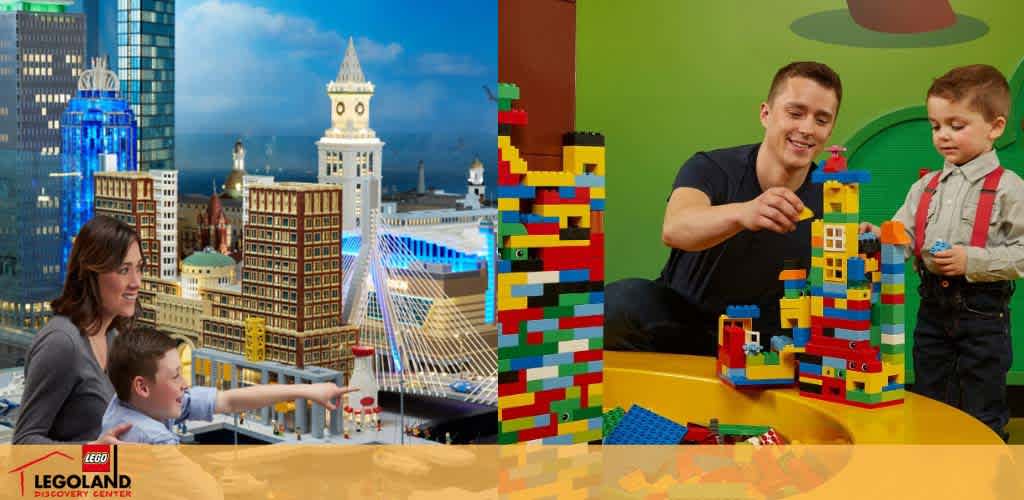 Image shows two sections of a Legoland Discovery Center. On the left, a woman and a child admire a miniature cityscape built from LEGO bricks. On the right, two people, one adult and a young child, are smiling and building with LEGO blocks on a yellow table. A LEGO logo is visible at the bottom left. Bright, colorful and engaging environment for family fun.