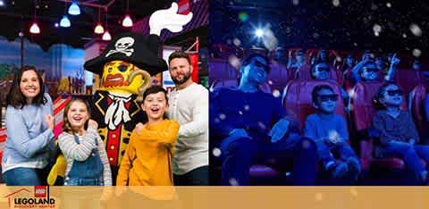 This image is a split frame. On the left, a family of four, smiling with a LEGO pirate character at LEGOLAND. Everyone appears happy and excited. On the right, a group of people sit wearing 3D glasses, engaging with a vibrant light display, surrounded by bluish hues and simulated snow effect, suggesting an immersive experience. Fun is the central theme of both scenes.