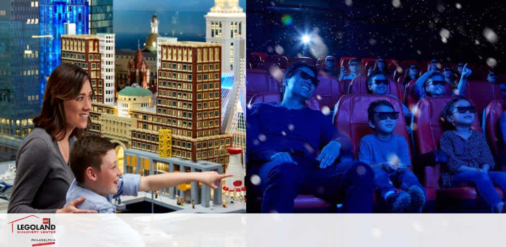 The image shows two distinct scenes promoting family entertainment. On the left, a mother and child marvel at a detailed LEGO cityscape exhibit, with the child pointing excitedly. On the right, an audience wearing 3D glasses, including an adult and children, watches with amusement in a darkened movie theater, simulated snow falling around them. The LEGOLAND Discovery Center logo is present in the bottom left corner.