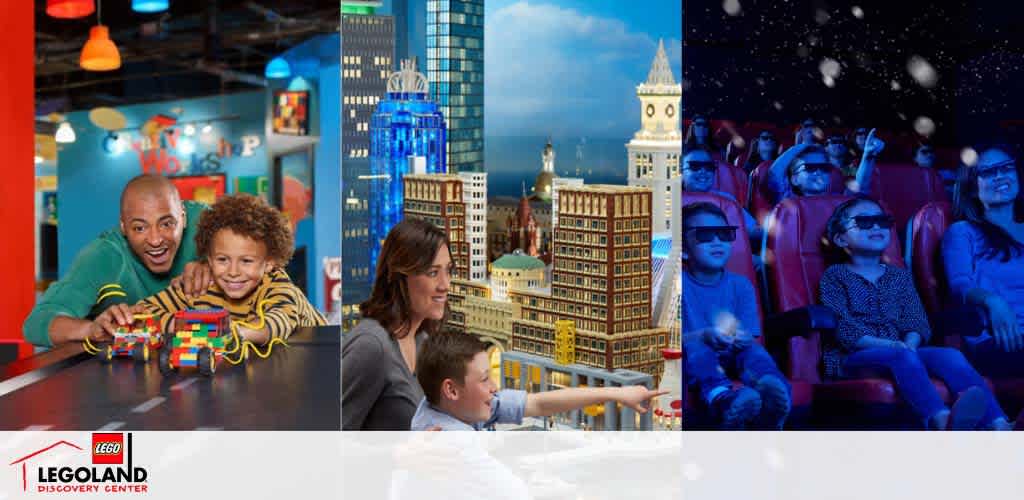 The image showcases three scenes from LEGOLAND Discovery Center. On the left, an adult and child are smiling while building with LEGO bricks. The center image features another adult and child observing intricate LEGO models of city buildings. On the right, a group of excited children wearing 3D glasses enjoys a dynamic cinema experience. The LEGOLAND Discovery Center logo is at the bottom.