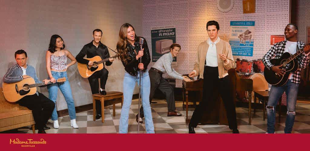 This image features a lively group of seven wax figures in a music-themed setting. Two males with guitars sit on the left, while a woman stands singing into a microphone at the center. To her right, a man dances and another plays the piano. Far right stands a male with another guitar. Background posters depict music records and advertisements. The Madame Tussauds Nashville logo is visible.