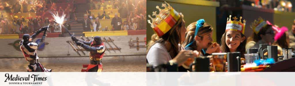 The image showcases a vibrant Medieval Times dinner and tournament experience. On the left, knights in armor engage in an exciting sword fight with sparks flying, set against an arena with an audience. On the right, a group of smiling people wearing paper crowns enjoys a feast, further enhancing the festive medieval atmosphere. The event name, Medieval Times Dinner & Tournament, is prominently displayed below the action-packed and joyous scenes.