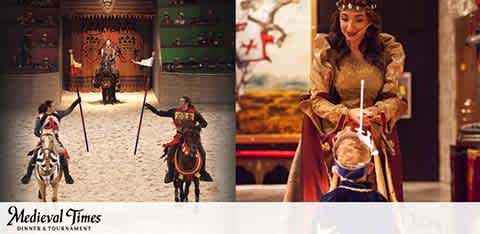 Image split into two scenes from Medieval Times Dinner & Tournament. Left shows knights in armor on horseback, jousting in an arena with an audience. Right features a smiling performer dressed as royalty, crowning a young guest who wears knight attire. Both are set against a medieval-themed backdrop.