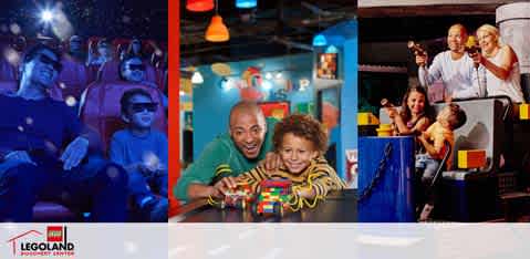 This image shows three scenes from LEGOLAND Discovery Center. On the left, a group enjoys a 4D cinema experience, wearing 3D glasses. In the center, a smiling adult and child play with LEGO bricks. On the right, two adults and a child celebrate on an indoor ride. The LEGOLAND logo is displayed at the bottom.