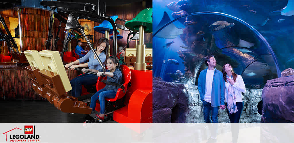 The image features two scenes from LEGOLAND Discovery Center. On the left, an adult and child enjoy a ride in a red, LEGO-themed car. On the right, two adults gaze upwards in awe at a fish-filled aquarium with a curved viewing tunnel. Both express joy and excitement.