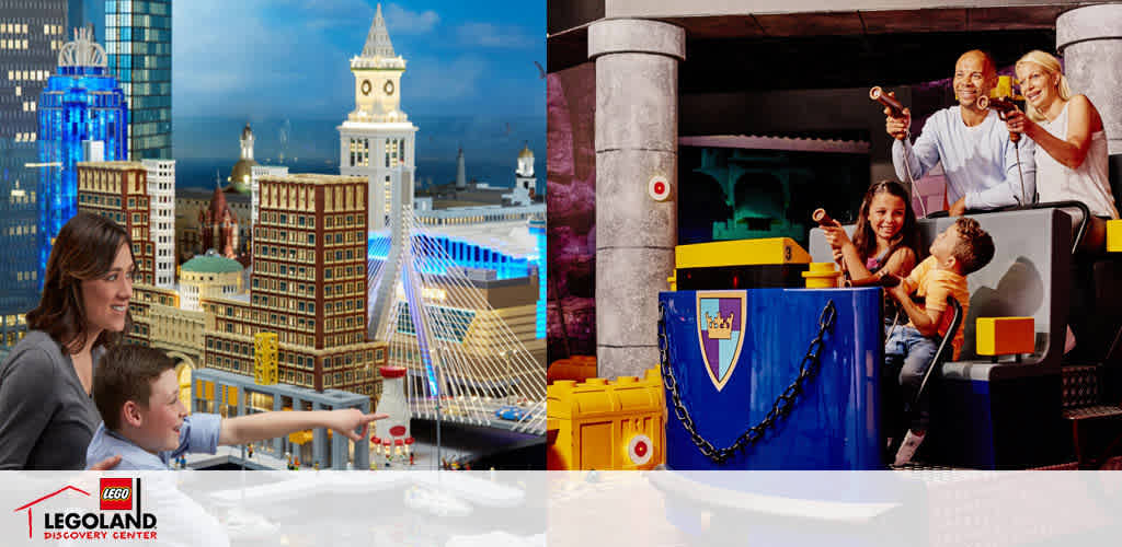 Image split down the middle, showing two different scenes at a LEGOLAND Discovery Center. On the left, a woman and boy are engaging with LEGO replicas of tall buildings and a bridge. On the right, a family is enjoying a ride with mock weapons, all smiling. The scenes encapsulate the interactive and fun environment of LEGOLAND.