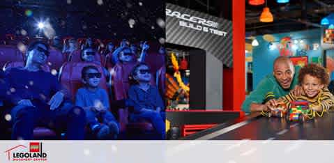 Image is of a split scene from LEGOLAND. On the left, visitors are enjoying a 4D cinema experience wearing 3D glasses, with visual effects like snowflakes adding to the excitement. On the right, an adult and child are building with LEGO bricks at a custom build and test area, both smiling and engaging with the activity. The vibrant atmosphere conveys family fun.