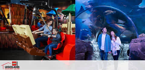 The image is a split banner showcasing two attractions. On the left, two children and an adult enjoy a LEGO-themed indoor ride; they're seated in a red vehicle simulating an adventure experience. The right side displays a couple admiring aquatic life in a blue-lit underwater tunnel aquarium. The bottom of the image features the LEGOLAND Discovery Center logo.