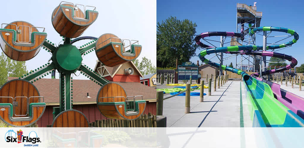 Image shows two amusement park rides against a clear blue sky. On the left is a spinning ride with basket-like seats designed to resemble flower petals. On the right is a set of colorful closed water slides with a tall structure for entry. The Six Flags Darien Lake logo is visible.