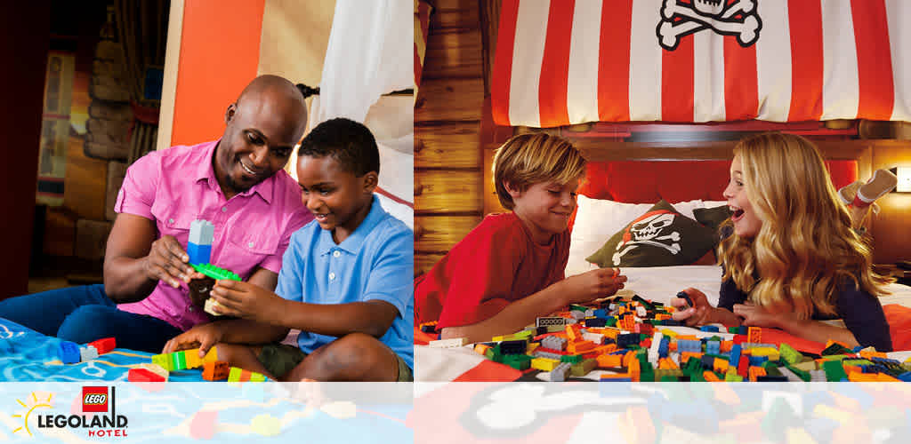 This image depicts two separate but related scenes of joyful interactions within a Legoland Hotel room. On the left, an adult and a child are engaged in a playful activity. The adult, wearing a pink shirt, is smiling broadly as he assists the young child in a blue shirt with the construction of a colorful Lego structure. The background suggests the interior of a themed hotel room with wooden furnishings and warm lighting, enhancing the cozy ambiance of shared creativity.

On the right side, two children are similarly situated on a bed surrounded by an array of Lego bricks scattered across the bedding. They appear to be happily engaged in building with Legos. One child, wearing a red shirt, is laughing while holding a Lego piece, with the other child, who has long blonde hair and is wearing a white shirt, playfully responding with an animated expression. The room decor includes a thematic red-and-white-striped wall and a pillow with a pirate motif, imparting a sense of adventure to the playful setting.

For your next family adventure, visit FunEx.com to unlock exclusive savings on tickets to destinations like the Legoland Hotel, where the lowest prices meet the biggest smiles.