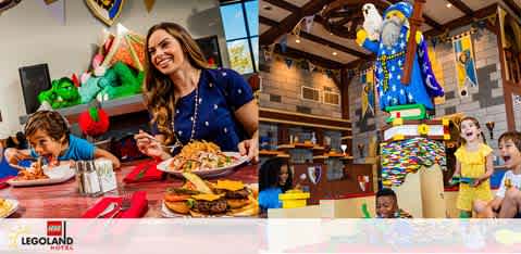 This is a split image depicting two scenes at a LEGOLAND restaurant. On the left, a woman with long hair and a blue polka dot dress is smiling while seated at a dining table, presenting a platter of food including hamburgers and fries to a child who is focused on decorating a cookie. On the right, in a vibrantly colored dining room, two children with their mouths open in excitement are looking upwards. They are pointing at a whimsical figure made of LEGO bricks, suspended from the ceiling, which appears to be pouring a bucket of LEGO pieces. The figure is a clown dressed in bright yellow and blue, enhancing the playful atmosphere of the setting. In the background, other restaurant guests can be seen, including a child in a blue shirt at a table, interacting with their surroundings. The LEGOLAND logo is visible in the lower left corner of the image.

At FunEx.com, families looking to create magical memories can find the lowest prices on tickets, ensuring that unforgettable experiences like those at LEGOLAND come with great savings.