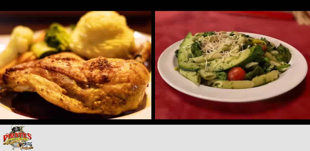 Grilled chicken with sides on the left; pasta with veggies on the right. Restaurant logo below.