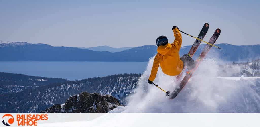 This image showcases an exhilarating moment with a skier mid-action on a snowy slope. The skier, clad in a vibrant yellow jacket and helmet, is executing a dynamic jump with their skis crossed in the air. They are using ski poles, and a cloud of snow spray is visible around them, indicating a high-energy maneuver. The backdrop features a breathtaking clear blue sky and a vast mountainous landscape with a dense forest below. The majestic Lake Tahoe is visible in the distance under the pristine sky, adding a serene element to the composition. The logo for Palisades Tahoe is present in the lower left corner of the image, suggesting the location of the event.

Experience the thrill of winter sports and score the lowest prices on tickets with our exclusive discounts at FunEx.com.