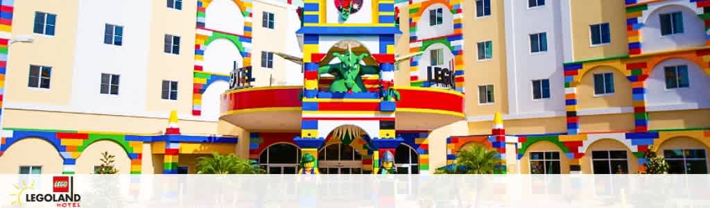 Colorful Legoland Hotel facade with Lego-themed decor.