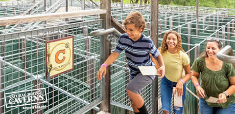 A group of four people, a mix of young adults and teens, are happily walking up a metal stairway. A sign indicates the entrance to Natural Bridge Caverns. They appear to be enjoying a sunny day out on an adventure.