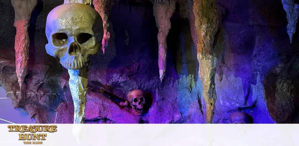 Image Description: This photo features a spooky cave setting as part of a 'Treasure Hunt' themed attraction. In the foreground, a large, faux human skull is suspended mid-air, highlighted by a yellow light, giving it a ghostly appearance. To the right background, a smaller skull can be seen placed on the cave floor, partially shrouded in shadow, adding to the ominous atmosphere of the location. The cavern walls around these skulls are jagged and irregular, with stalactites hanging from above, bathed in an eerie purple and blue lighting. This theatrical lighting casts dramatic shadows and contributes to the mysterious vibe of the scene. The text "TREASURE HUNT" is visible at the bottom of the image, suggesting an adventurous theme for patrons to explore.

To enhance your adventure and ensure the best deal, remember to check out FunEx.com for discounts and the lowest prices on tickets for thrilling experiences like this one!