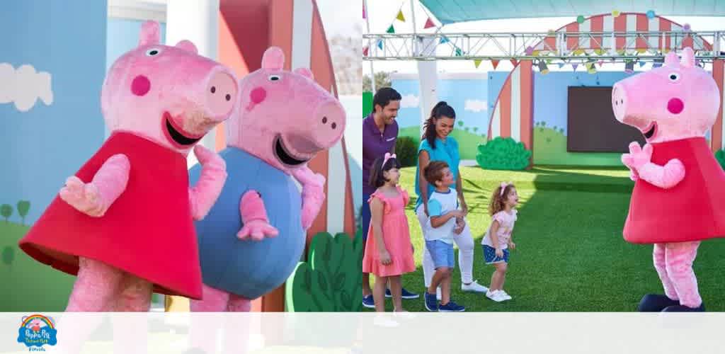 Two Peppa Pig mascots with a family at a theme park.