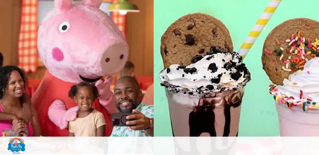 A happy family poses with a character; two milkshakes topped with cookies and sprinkles.