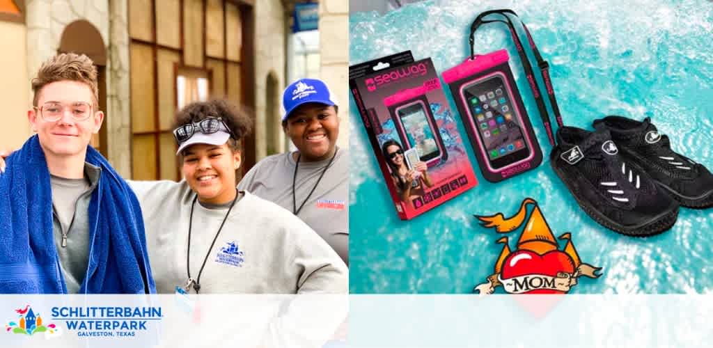 Split image: Left side shows three individuals wearing blue caps and sweatshirts with Schlitterbahn Waterpark logo, smiling in front of a building. Right side displays a waterproof phone case and black water shoes floating on clear, rippling water with a red 'I love MOM' tattoo design.