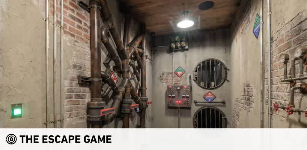 This image showcases an indoor setting of an escape room game with a theme that suggests an industrial or underground environment. The left side of the photograph features a wall with exposed red brick and grey concrete. Affixed to this wall is an intricate network of pipes, with various valves, gauges, and sections marked with red tape, which might serve as clues or interactive elements of the game.

On the right-hand wall, which is also red brick, there are two round, window-like openings with bars, resembling vintage submarine or ship hatches. Below these are diamond-shaped signs with symbols, alongside a panel with red blinking lights, which give an impression of controls or indicators pertinent to the game's objectives. Above is a ceiling with wooden beams, and the room is lit by a round overhead light fixture, providing an even light source with minimal shadowing.

In the distance, there's a green exit sign turned on, indicating the exit or perhaps another section of the room to be discovered as part of the gaming experience.

Browse our website, GreatWorkPerks.com, for the lowest prices and best discounts on tickets to an array of exciting escape room experiences like this one.