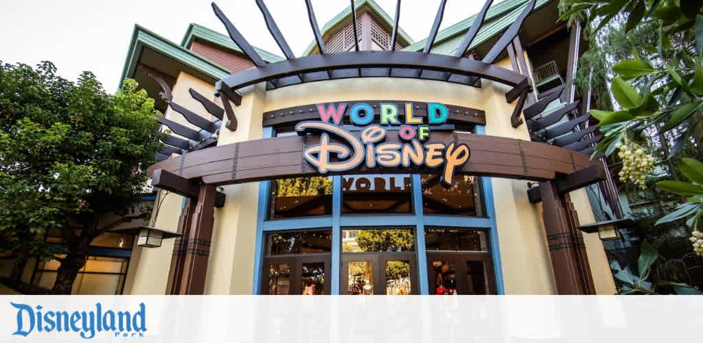 Entrance of "World of Disney" store with signage, set in a themed outdoor shopping area.