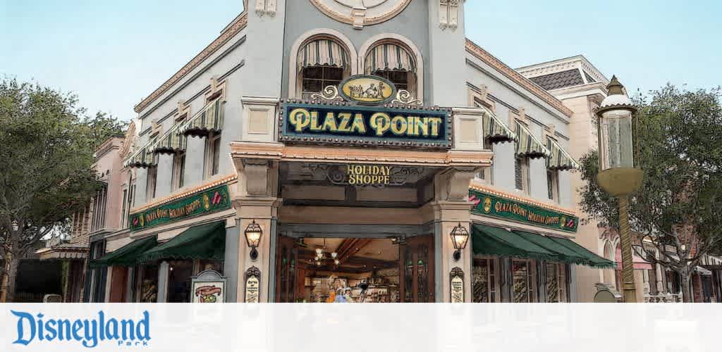 Entrance of Plaza Point, a holiday shoppe at Disneyland Park, with vintage architecture.