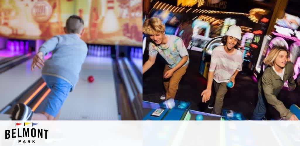 This image displays a lively atmosphere within a bowling alley, showcasing two distinct scenes. On the left, a child is captured mid-action, releasing a bowling ball down the lane towards the pins at the end, which are not visible in the frame. The child is wearing a blue shirt, grey sweater, and blue shorts. On the right, three children are depicted enjoying a game of skee-ball. The child in the foreground is preparing to roll the ball up the ramp, with an expression of concentration on their face. The two other children, positioned further behind in the frame, are observing and waiting their turn, one with a ball in hand. All children appear joyful and engaged in the activities. The arcade area shows a vibrant array of colors, lights, and game machines creating a backdrop that suggests a festive indoor entertainment environment. The logo of "Belmont Park" is superimposed at the bottom center of the image.

Plan your next fun-packed outing with us, and be sure to check out our exclusive online deals for impressive savings on the lowest prices for tickets!