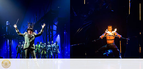 The image is split into two scenes. On the left, a performer in an elaborate costume with extended arms stands center stage, backed by a group in greenish lighting and metal scaffolding. On the right, there's an individual balancing on a wire, shirtless, with focused lighting against a dark background. Both depict moments from a theatrical performance.