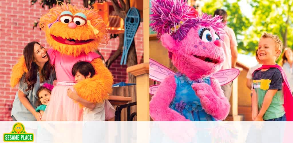 Visitors at Sesame Place enjoy warm moments with beloved Muppet characters. On the left, a woman and two children share a joyful hug with a furry orange character. On the right, a child in a cape smiles at a pink, winged character. The sunlit scenes evoke a friendly, cheerful atmosphere.