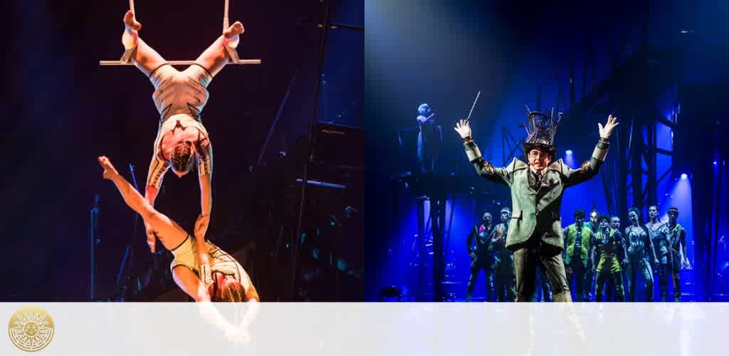 Split image. On the left, an acrobat performs on a horizontal bar, upside down with legs extended in a V, spotlighted against a dark background. On the right, a person in a conductor's outfit with a tall hat gestures dramatically, surrounded by performers, on a dimly-lit stage.