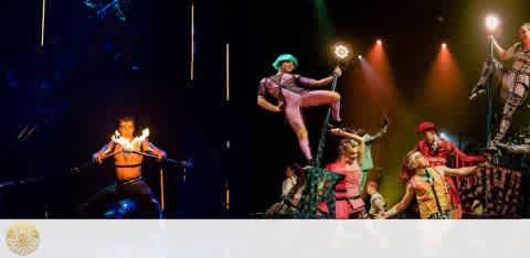 Image shows a vibrant stage performance with a variety of entertainers. On the left, a fire-eater in black attire captivates with flames at the mouth, while on the right, acrobats in colorful costumes balance impressively. The backdrop is dark, spotlighting the artists' skills.