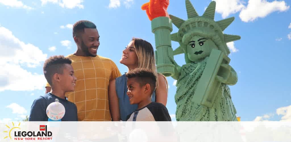 A happy family at LEGOLAND New York Resort poses with a LEGO version of the Statue of Liberty under a sunny sky. Two adults are looking fondly at two children, with big smiles and joy evident on their faces. The LEGO statue towers above them, adding a playful twist to this iconic symbol of freedom.