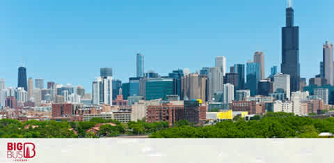 This image displays a vibrant skyline with diverse buildings under a clear blue sky. The Willis Tower stands tall among the cityscape. Below the skyline is the red Big Bus logo on a white background.