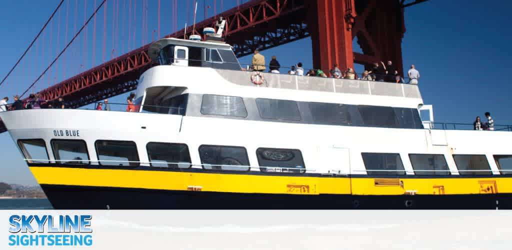 Image Description: A large, white boat with the name "OLD BLUE" visible on its side, featuring a trim of yellow along the hull, is seen cruising on the water. The upper deck is bustling with numerous passengers enjoying the outdoor experience. The boat is set against a clear blue sky, and the iconic red structure of the Golden Gate Bridge looms in the background, partially framing the scene. The words "SKYLINE SIGHTSEEING" are clearly displayed in the bottom left corner, indicating the boat tour company.

Experience one-of-a-kind vistas with Skyline Sightseeing, and don't forget to check out FunEx.com for exclusive discounts and the lowest prices on tickets to make your sightseeing adventure both memorable and affordable.