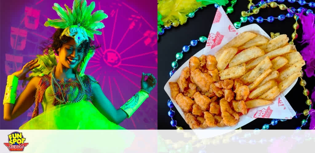 Woman in vibrant carnival attire with a ferris wheel background; plate of fries and shrimp.