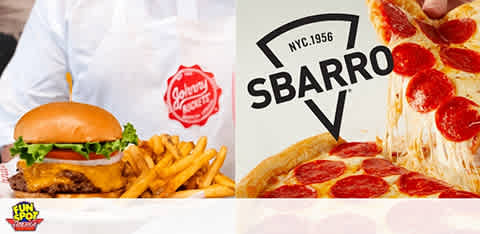 Ad for Johnny Rockets & Sbarro showing a burger with fries and a pepperoni pizza slice.