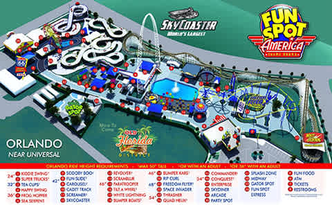 A colorful illustrated map of Fun Spot America theme park in Orlando with attractions labeled.