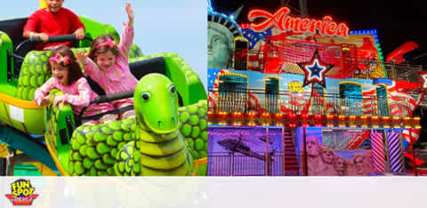 Children ride a green caterpillar coaster; brightly lit 'America' ride in the background.