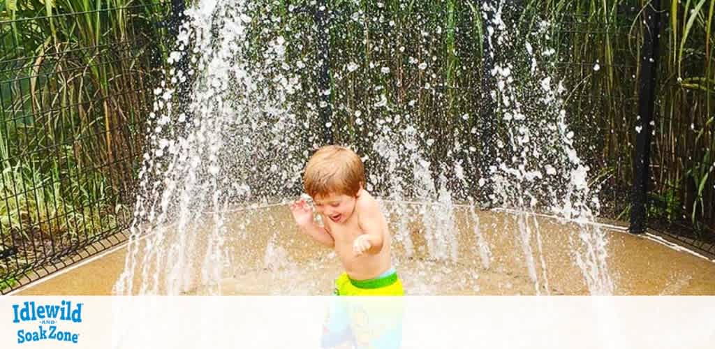 Image of a child with short hair and green swim shorts playing joyfully in a water fountain at Idlewild SoakZone. The child is midway through the water with arms outstretched, and sprays of water are arcing in the air around them. Bamboo-like plants form a natural backdrop. The sunny ambiance suggests a warm, playful day at the park.