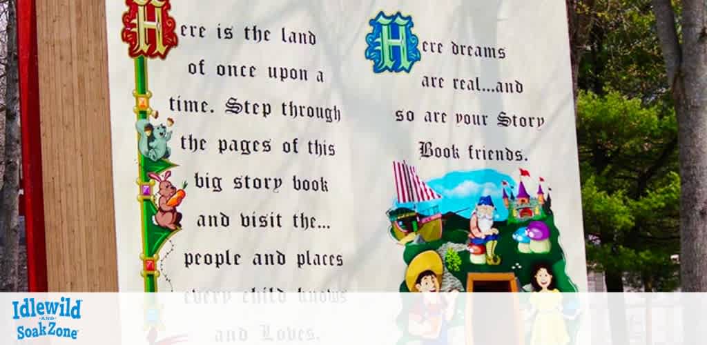 An image features two banners from Idlewild SoakZone. One banner invites guests to step through the pages of a big storybook. The other speaks of dreams being real, like storybook friends. Both banners have colorful storybook designs with characters and castles. A lush tree is visible in the background.