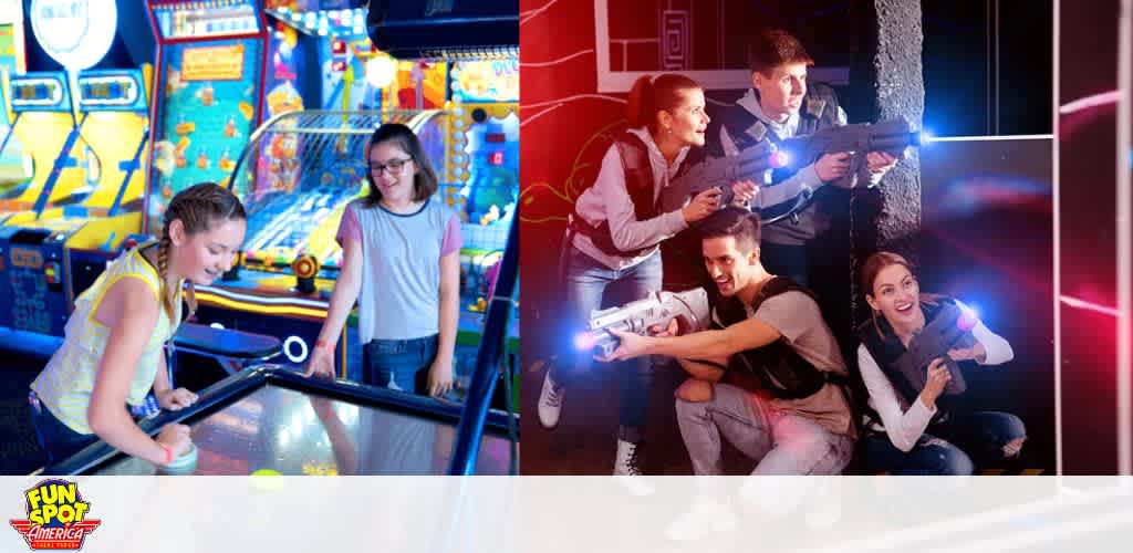Image split into two scenes from an entertainment venue. Left: Two girls playing air hockey, actively engaged, bright arcade games in background. Right: Two couples in a dimly lit area enjoying a laser tag game, smiling, equipped with vests and laser guns. Fun Spot America logo at bottom left.