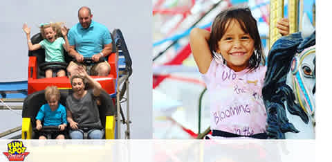 A collage of theme park joy: On the left, two children and an adult, hands raised with excitement, descend a roller coaster. On the right, a smiling child clings to a carousel horse, her hair flowing, joy evident on her face. 'Fun Spot' logo accentuates the bottom left.